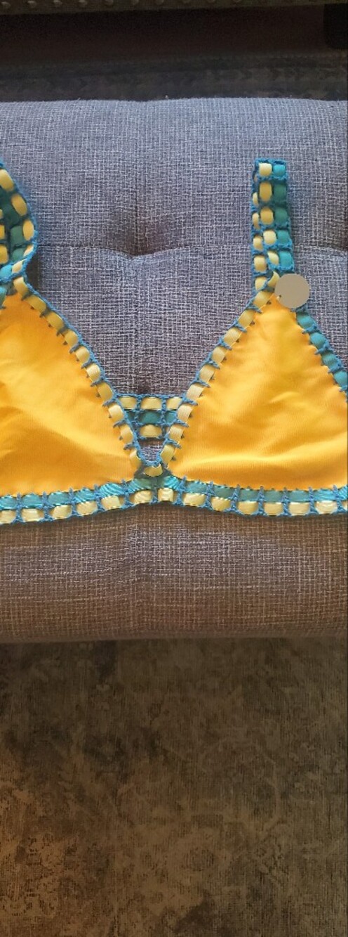 Yellow Swim Top with Teal Crochet Woven Trim Forever 21 New Xl